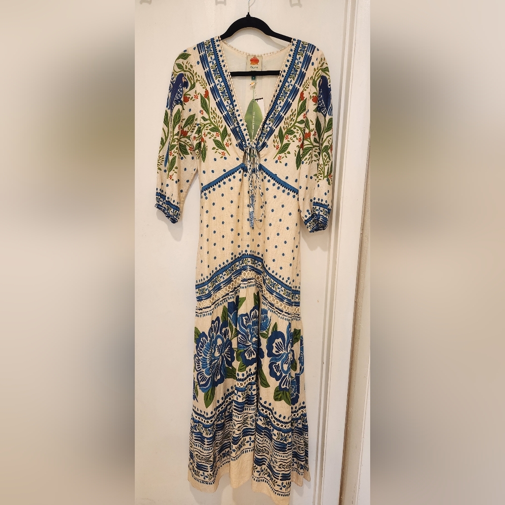 FARM Rio Blue and White Resort Maxi Dress with V-neck Bishop Sleeves - Picture 2 of 16